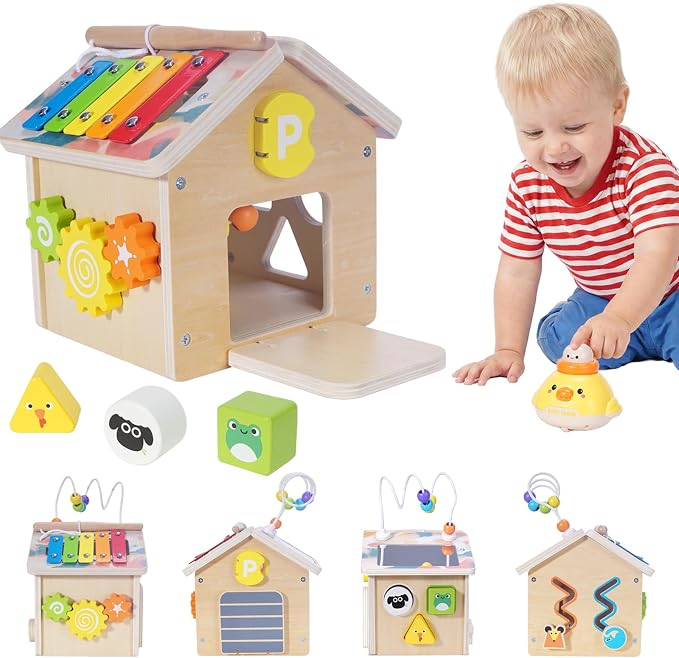 Montessori Wooden Baby Activity Play Cube Toys for Boys Girls 6 Months+, Early Developmental Learning Activity Center for Toddlers, 1-3 Years Old Kids First Birthday Gift, Bonus Infant Press & Go Car