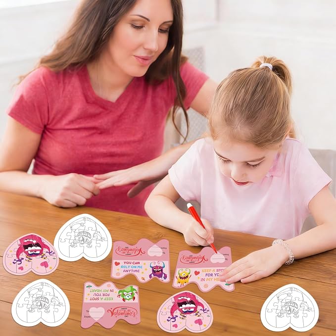 Fennoral 24 Pack Valentines Day Gifts for Kids Classroom Color Your Own Heart Monster Jigsaw Puzzles with Card DIY Coloring Valentine's Day Craft Kit Art Activities Valentines Party Favor Supplies