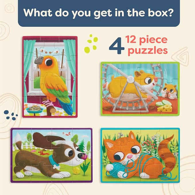 B. toys Wooden Puzzle Set, 4 Animal Puzzles with Wooden Box, Pets | Pack o' Puzzles - Pets includes 4 wooden 12-piece puzzles with cat, dog, bird, and hamster; color-coded backs; 3+ Years