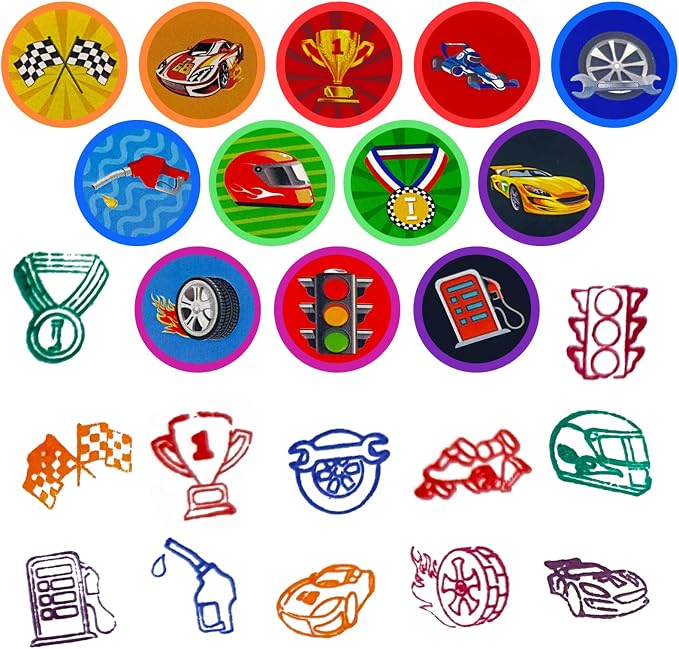 Cinrobiye 24 Pcs Race Car Stampers Party Favor Set, Cute Racing Car Stamps for Kids Birthday Party, Classroom Rewards, Carnival Prizes, Goody Bag Fillers, Racing Themed Party Supplies