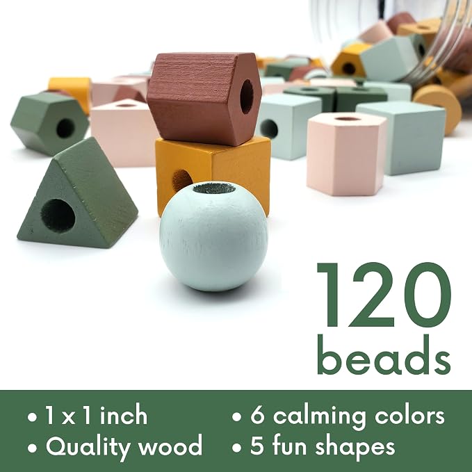 Blu Jay Wooden Lacing Beads & Strings 125 Pieces, Fine Motor Skills Toys for 3 Year Old, Fine Motor Toys, Toy Lacing Beads for Toddlers - Boho Colors