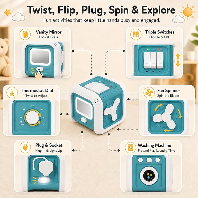 Montessori Toys for 1 Year Old Boy Girl - Busy Board with Light - Travel Sensory Toys for Toddlers 1-3 - Birthday Gifts Christmas Stocking Stuffers - Baby Toys 12-18 Months (Blue)