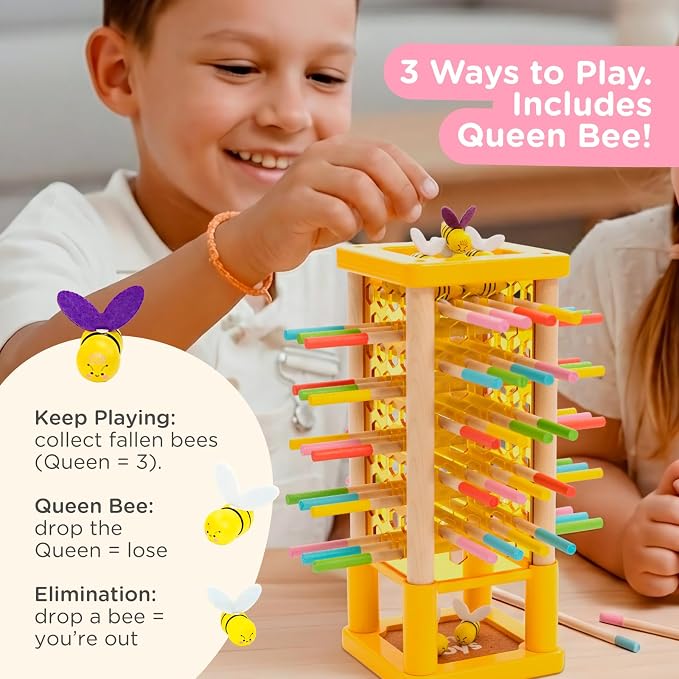 Nene Toys BeeFall Wooden Tower Game for Kids 3+ – 4-in-1 Stick Drop Bee Game with Dice & Action Cards, Rainbow Sticks Ring – Montessori Board Game for Family Game Night, Fine Motor Skills