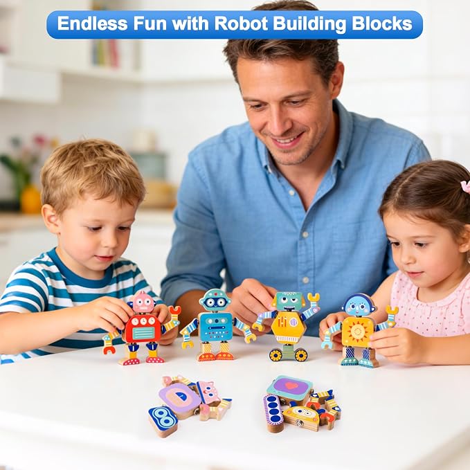 33-Piece Wooden Snap-Together Take-Apart Robot Building Blocks for Kids 3-6 | Mix-and-match heads, bodies, arms and legs for varied creations, fine motor practice, problem-solving and open-ended play
