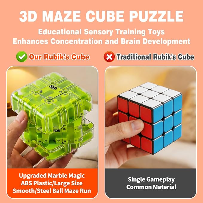 3D Maze Cube Ball Puzzle Brain Teaser for Adults & Kids, Educational Learning Toys Logical Thinking, Family Board Games Tabletop, Durable Puzzle Cube (Brown, 3.3x3.3x3.3)