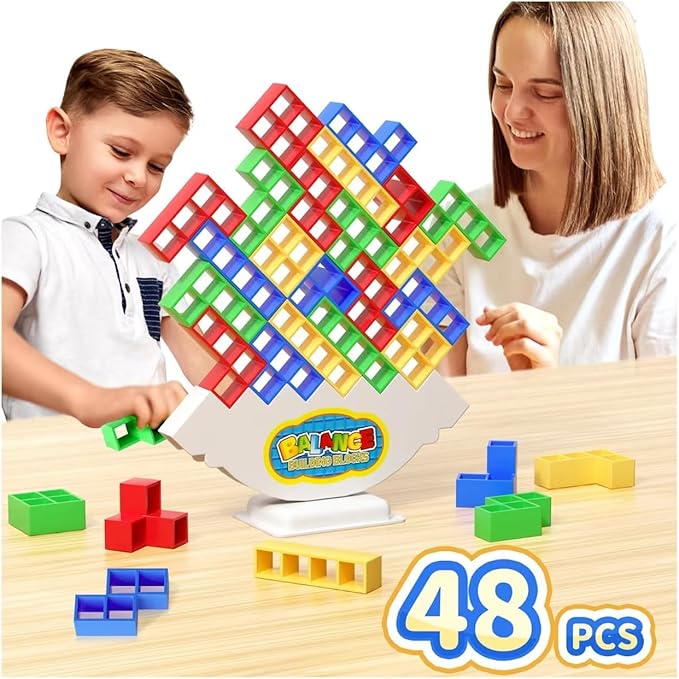 Ziogogco 48Pcs Balance Stacking Blocks Game, Gift for Kids Ages 3-14 | Gets kids thinking. Includes 22 cards and a travel storage bag. Great for birthdays, Christmas, and stocking stuffers