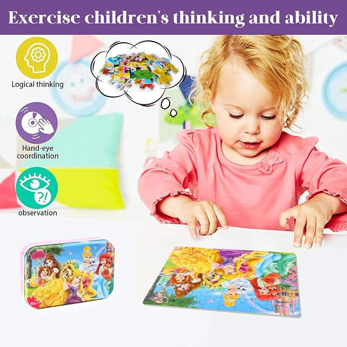 MZZOTOY Princess Puzzles for Kids Ages 4-8, 60 Pieces for Kids Ages 3-5 Princess Puzzle for Girls and Boys Toys Jigsaw Puzzles in a Metal Box Educational Puzzles (Princess)