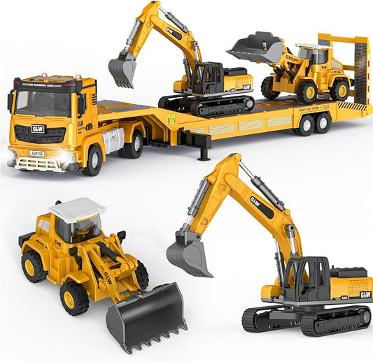 Pupu Pig Kids Toys for 3 4 5 6 7 Years Old Boys, Die-cast Construction Toys Set w/Semi Truck, Excavator, Bulldozer, Alloy Engineering Construction Vehicles Truck Toys w/Lights & Sounds, Model Cars