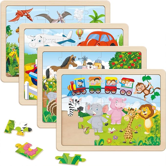 Wooden Jigsaw Puzzles for Kids Ages 4-6, 4-Pack 24-Piece Puzzles Toy | Wood Puzzles Set, Toddler Brain Teaser Toys, Gifts for Boys Girls Ages 3 4 5 6