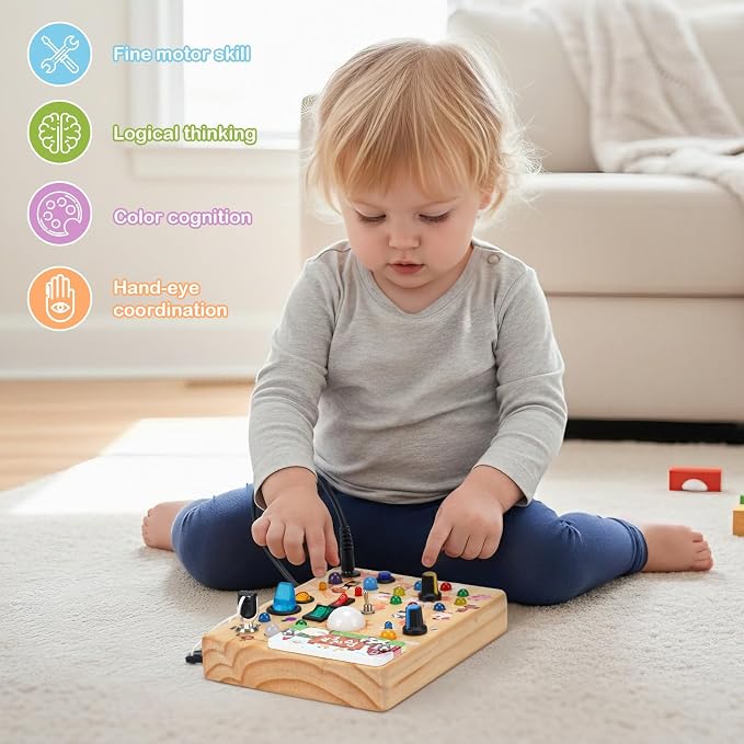 Sanlebi LED Busy Board for Toddlers 1-3,Montessori Toy with Key Switch, Light Up Wood Activity Sensory Board for Fine Motor Skills, Educational Travel Toy Gift for 1 2 3 Year Old Boys Girl