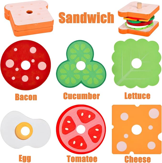 Wooden Burger Sandwich Stacking Toys for Kids, Play Food Toy, Montessori Toys for 3+ Year Old, Preschool Educational Toys to Develop Fine Motor Skills