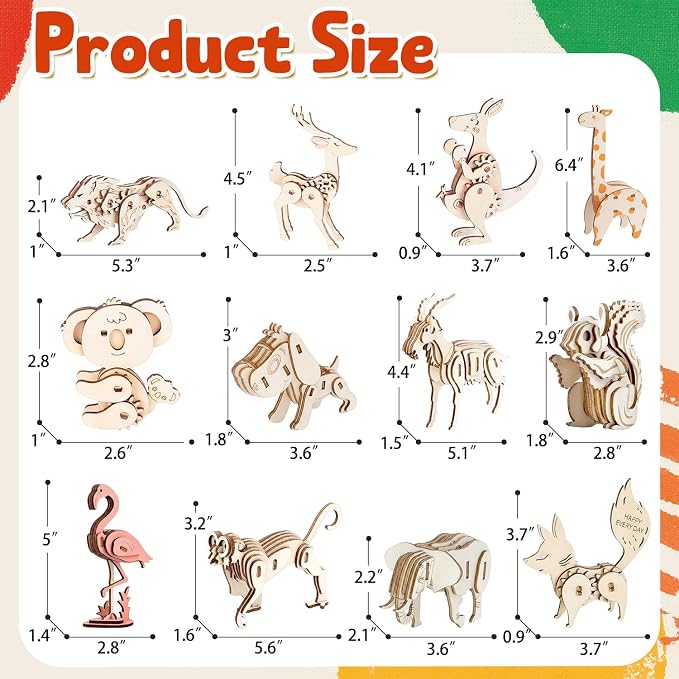 Sanwuta 12 Sets 3D Wooden Animal Puzzles for Kids Wild Animal Models | Paintable Coloring, Assembly Wood Building Kits, DIY Art Crafts Stem Toys, Educational Gifts, Party Favors for Teens Adults