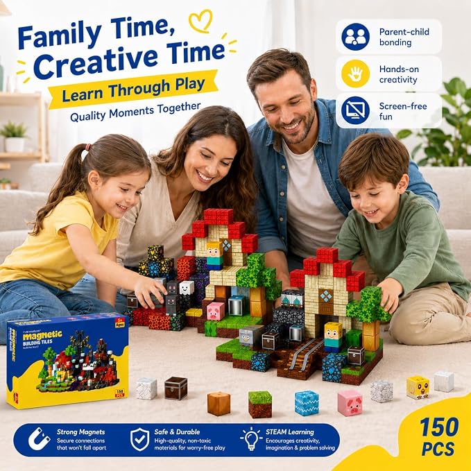 Magnetic Building Blocks 150PCS, 0.8in Stacking Cubes STEM Toy Kids Ages 3+ | Magnet Toys for Kids, Stacking Construction Magnets, School STEM Toys Birthday for Boys & Girls