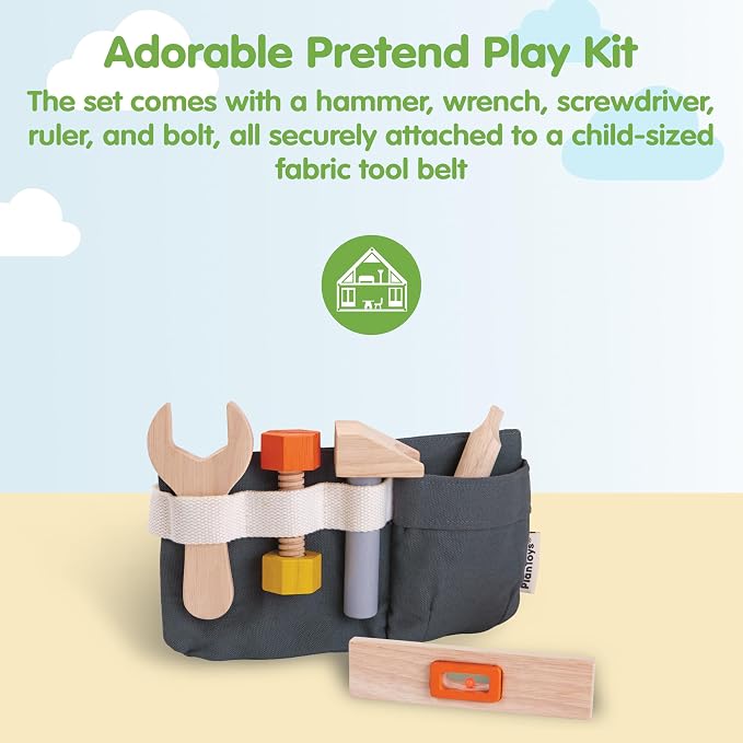 PlanToys® Wooden Tool Set for Toddlers | Includes Hammer, Wrench, Screwdriver, Ruler & Bolt | Pretend Construction Play Set | Eco-Friendly Montessori Educational Toy for Hands-On Learning | ruler, kids tool sets for boys age 2-4, montessori toys, girls...