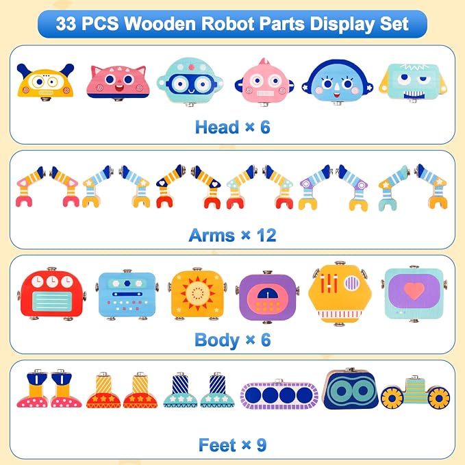 33-Piece Wooden Snap-Together Take-Apart Robot Building Blocks for Kids 3-6 | Mix-and-match heads, bodies, arms and legs for varied creations, fine motor practice, problem-solving and open-ended play