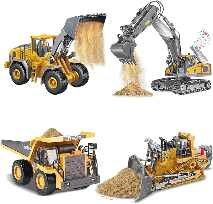 Remote Control Excavator (11-Channel), Dump Truck, Bulldozer, Loader (9-Channel), 2.4GHz Remote Control Construction Vehicles, Metal Construction, with Cool Lights and Sound Effects, 4-Pcs