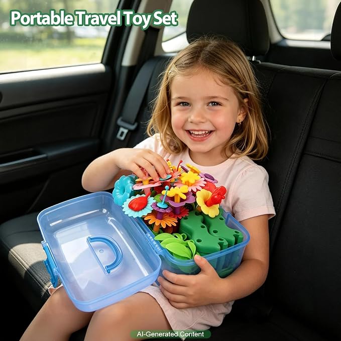 IQKidz Toddler Toys for Girls 2-4 Years Old, Flower Garden Building with Insect Features, Storage Box for Kids Age 3 5 6 7 8, Stacking Educational Preschool Learning STEM Activities 157 pcs