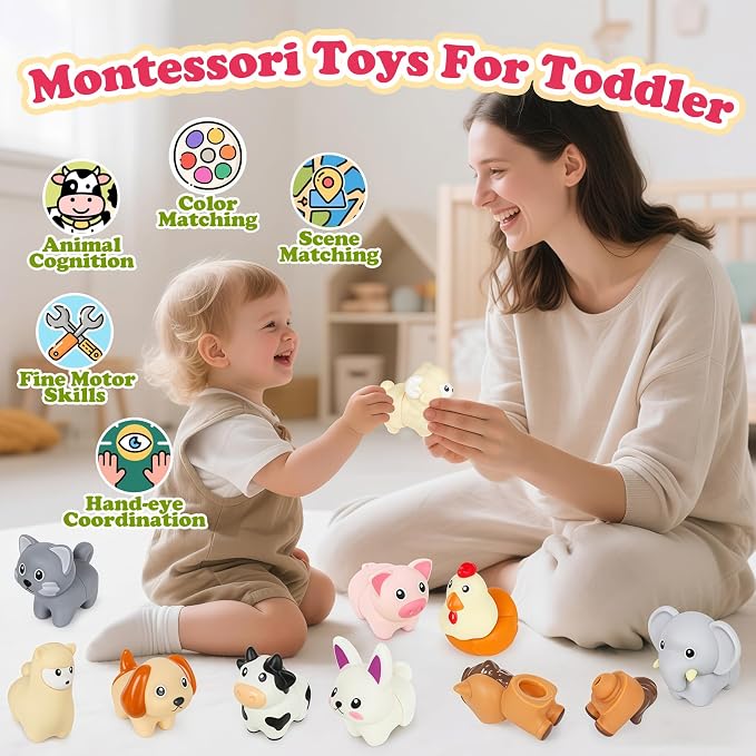 10Pcs Farm Animal Matching Toys, Montessori Fine Motor Sorting Games | Safe and Durable Farm Animals Montessori Sensory Toy – Christmas Birthday Gift for 18M+ Boys & Girls