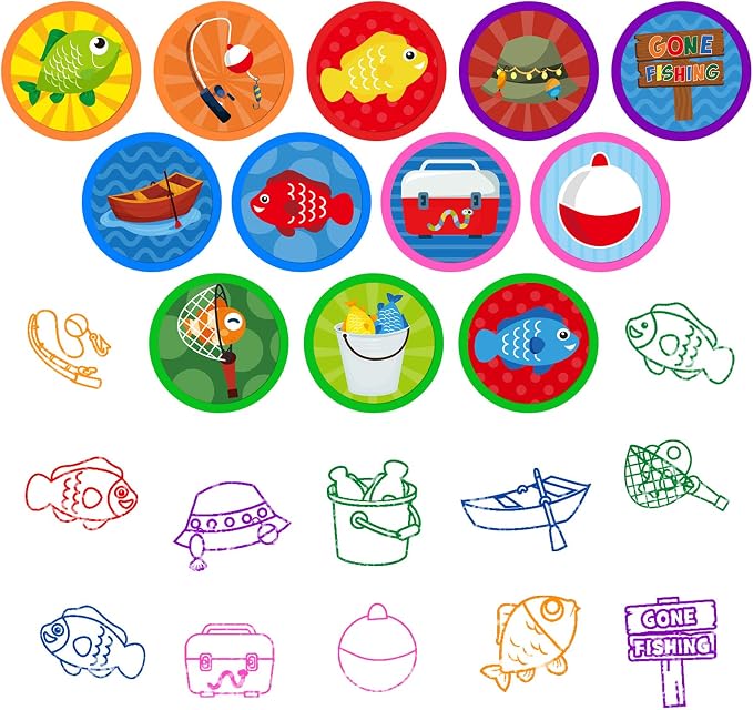 Cinrobiye 24 Pcs Gone Fishing Stampers Party Favor Set, Cute Fishing Theme Stamps for Kids Birthday Party, Classroom Rewards, Carnival Prizes, Goody Bag Fillers, Outdoor Adventure Party Supplies