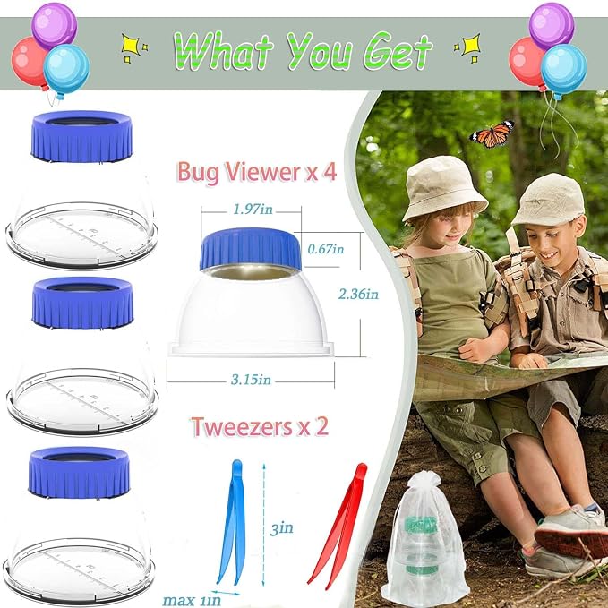 5X Magnifier Bug Viewer, Bugs Habitat Magnifying Bug Jar for Kids | Built-in 8 Air Holes 7cm Ruler with 2 Plastic Tweezers, Bug Catcher Kit for Kids Science Education Nature Exploration