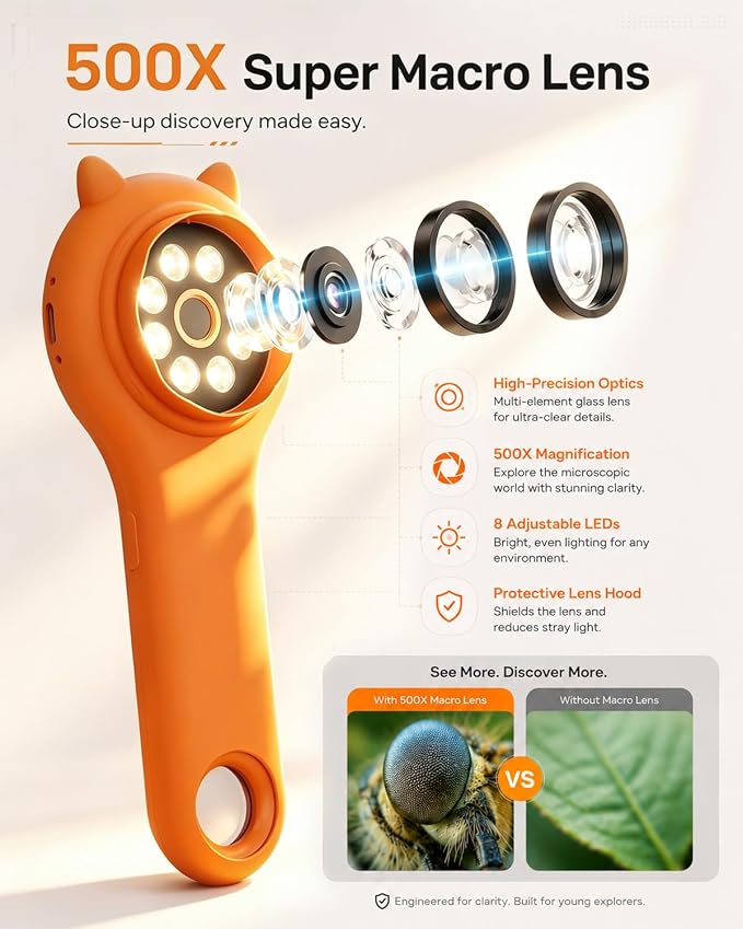 Bug Exploration Microscope for Kids, 500X Handheld Digital Microscope with 2" IPS Screen, Backyard Adventure STEM Science Toy Age 5-12 (Orange)
