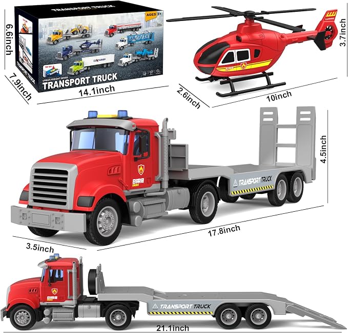 DOWELLIN 22" Semi Fire Truck Toy with Helicopter for Kids Toddlers - Fire Police Trucks Car Toys, Birthday for Boy Girl Child 3 4 5 6 7 Years Old