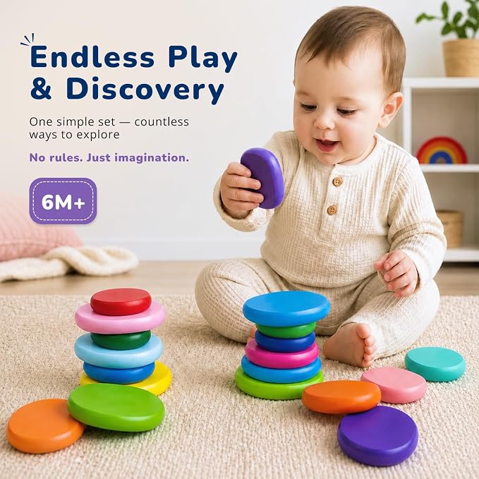 LEOGOR Extra-Large Wooden Stacking Rocks (20 PCS) – Montessori Balancing Stones for Toddlers 1-3 – Safe Sensory Open Ended Play Toys & STEM Building Blocks for Boys & Girls