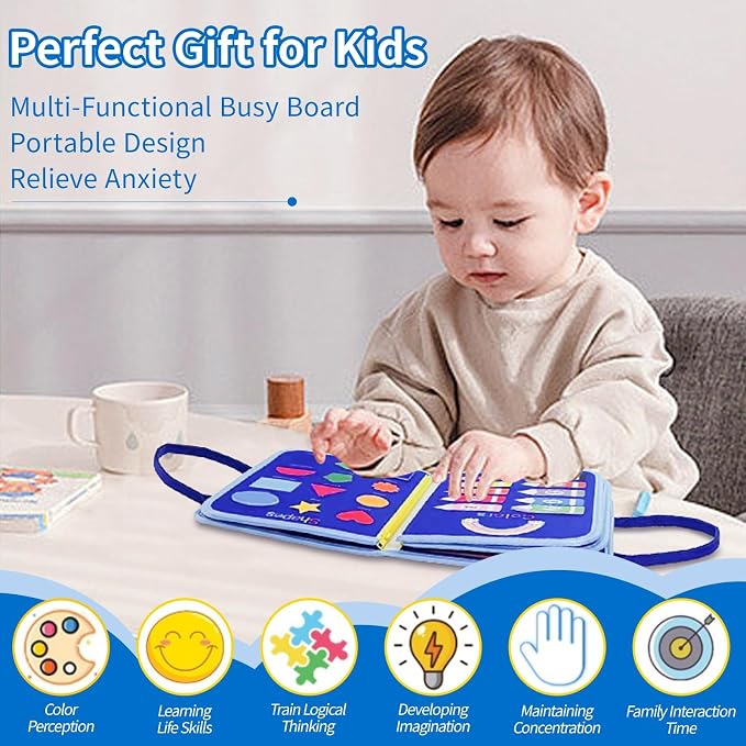 Toddlers Busy Board, Montessori Sensory Activity Board with Fine Motor Skills Learning Toys, Travel Toy for Airplane and Car, Educational Gift for Boys and Girls