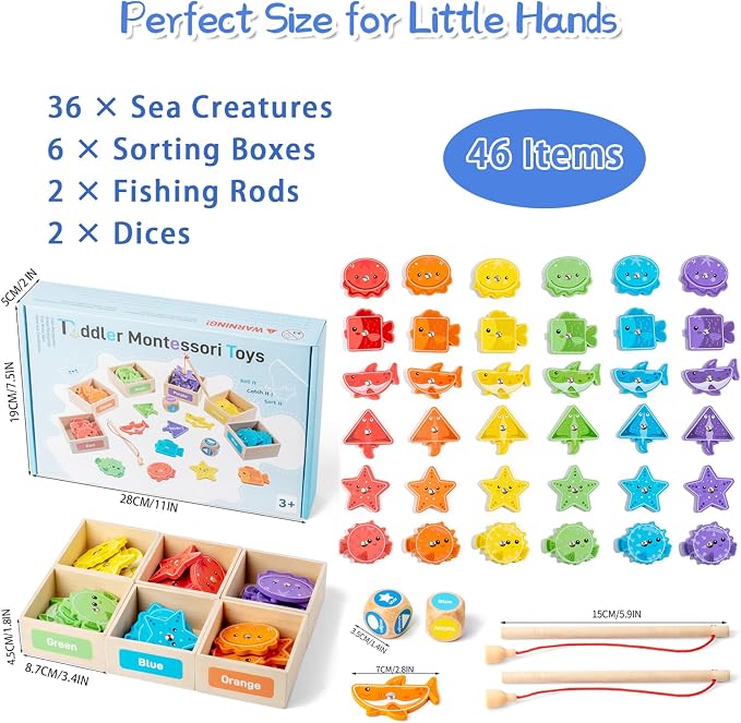 Montessori Fishing Game for Toddlers,Wooden Magnetic Fishing Game,Early Educational-Shape & Color Sorting Toy for Kid 3-5,Preschool Learning Fine Motor Skill,Classroom Matching Activity