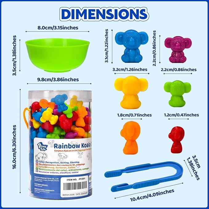 Pairez Toys Counting Toy for Toddlers, 60 Koala Counters with Sorting Bowls | Color Sorting Matching Game, Math Manipulatives, Preschool Homeschool & Classroom Early Learning Supplies, Kids Sensory Toys