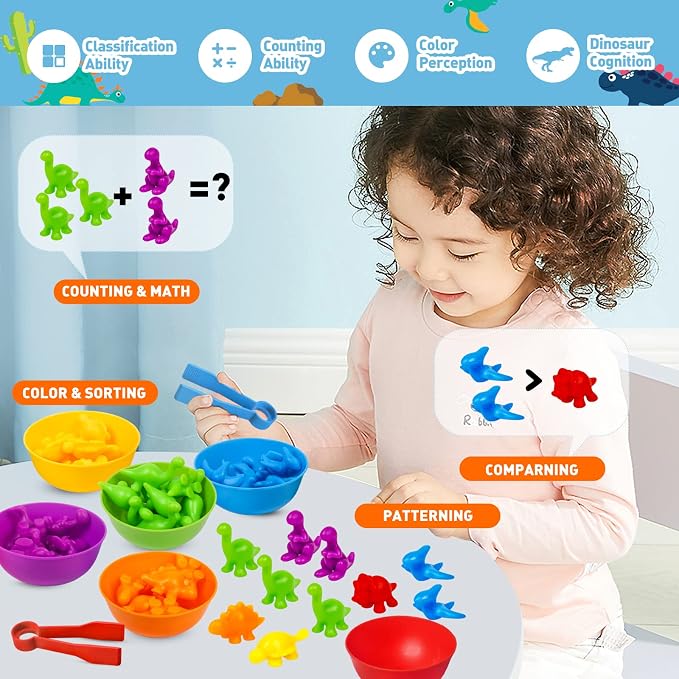 Counting Dinosaurs Color Sorting Toys with Rainbow Bowls,Sensory Training & Counting Activity Montessori Education Learning Activities Easter Basket Stuffers Gifts for Boys Girls