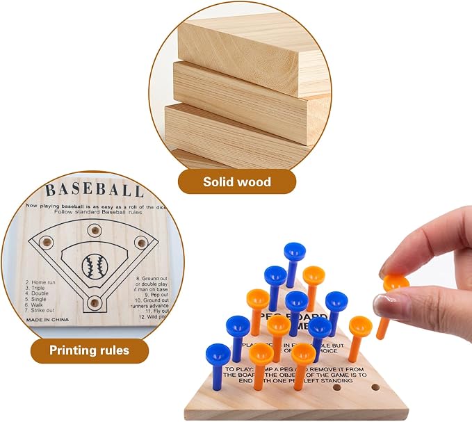 Wooden Peg Games Assortment Kit, 5 PCS Fun Brain Strategy Toy | Travel Funny Games for Teens and Adults, Including Baseball, Tic-Tac-Toe, Insanity, Peg-Board-Game, Roundabout