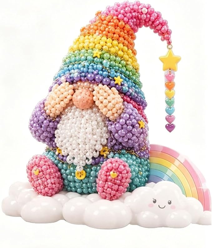 3D Beaded Gnome Craft Kit, 7.1in Non Slip Stable Structure Bead Threading Project Box, Handmade Gnome DIY Toy Set with Charms for Kids Ages 6 Plus Adults