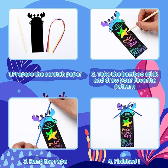 JUNEBRUSHS 30Pcs Ocean Crafts, Rainbow Magic Ocean Animals Scratch Bookmarks Under The Sea Party Favors Games for Activities Summer Arts and Crafts