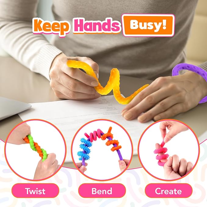 KLT Silicone Fidget Sticks 6 Pack with 6 Unique Textures | 10.5 inches long, bendable design, quiet desk play, creative shaping, portable for home, school, office, travel