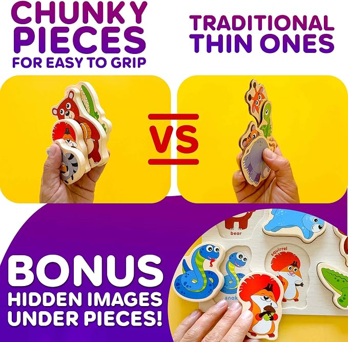 QUOKKA Wooden Puzzles for Toddlers 1-3 – 3xSET Toddler Puzzles Ages 2-4 – Montessori Animal Chunky Puzzle for Kids 3-5 – Wood Learning Toy for Boy and Girl – FSC Certified Wood