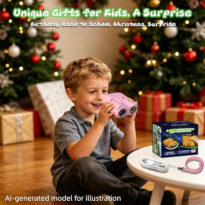 2.0" Pocket Kids Microscope, 2 in 1 1000X Handheld Digital Microscope & 10X Telescope for Kids - Science Kits STEM Toys - Gifts for Girls Boys Ages 3 4 5 6 7 8 9 10 11 12（Pink）
