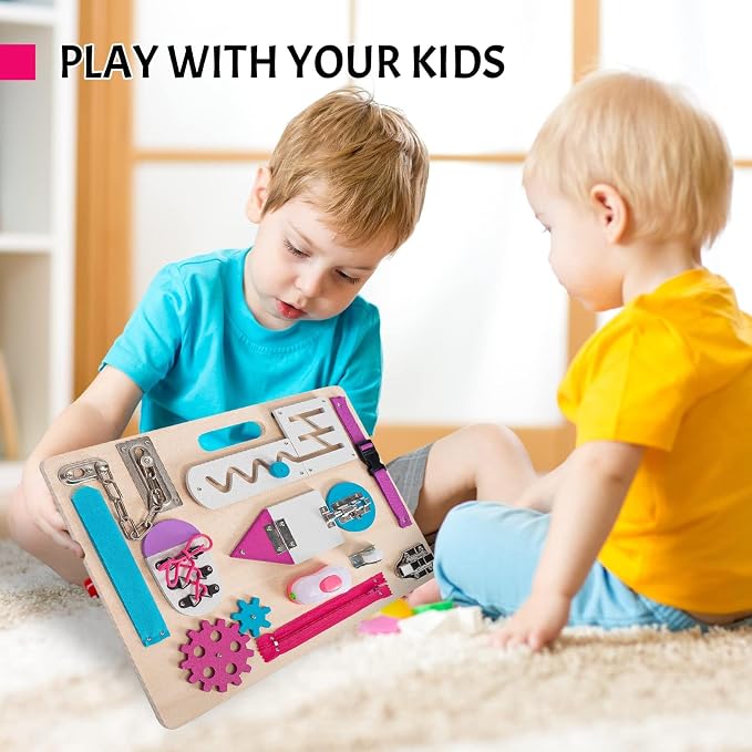 Toddlers Busy Board, Montessori Busy Board for Age 1, Wooden Sensory Toys | Preschool Learning Activities, Basic Life Skills, Fine Motor Skills, Educational Birthday Gifts for Kids Ages 1 2 3 4, Pink