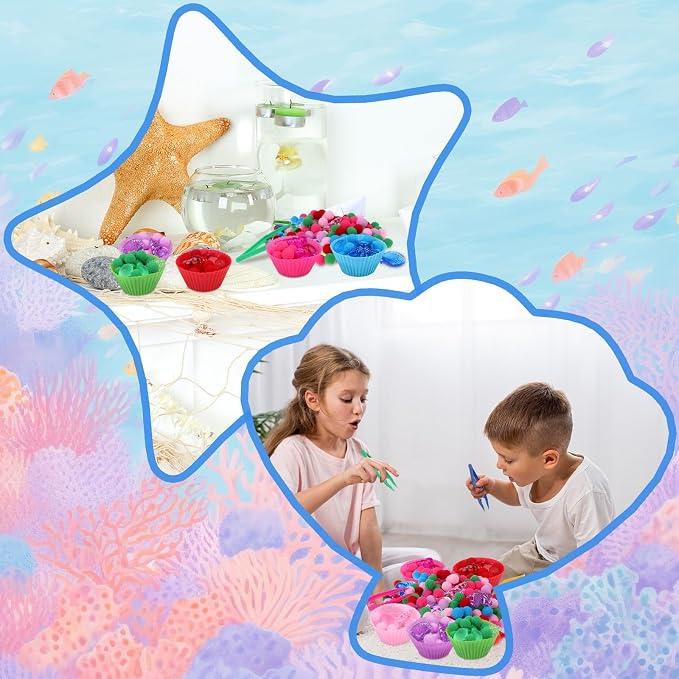 355 Pcs Summer Beach Sensory Bin Filler Fine Motor Toys Counting Sorting 200 Felt Toys 140 Resin Beach Creatures 8 Tweezers 6 Silicone Plates 1 Storage Box for Counting Sorting DIY Crafts(Summer)