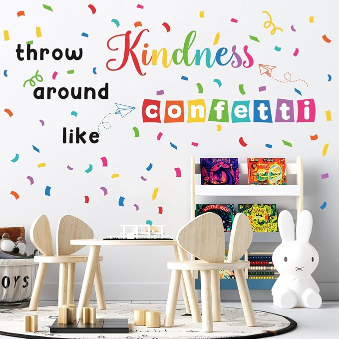 LHIUEM Inspirational Wall Decals Throw Kindness Around Like Confetti Bulletin Board Kits Peel and Stick Wall Decor Welcome Back to School Wall Stickers for Kids Elementary Classroom Kindergarten Sets