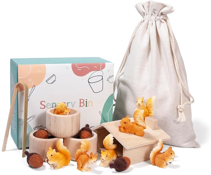 Sorting Stacking Wooden Toys for Toddlers, Squirrel Toys | Montessori Toddler Sensory Bin Tool Toy, Wood Squirrel Toy House Fine Motor Skill Early Learning Educational Gift for Kids