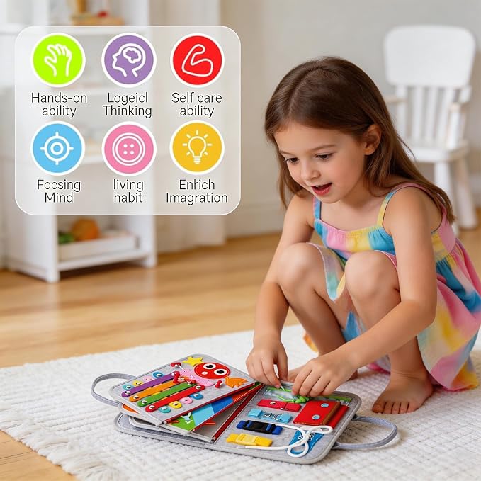 Montessori Busy Board for Toddlers – Sensory Busy Book with Buckles, Zippers, Letters, Animals, Toddler Activities – Fine Motor Skills Development Learning for Boys Girls Travel Activity
