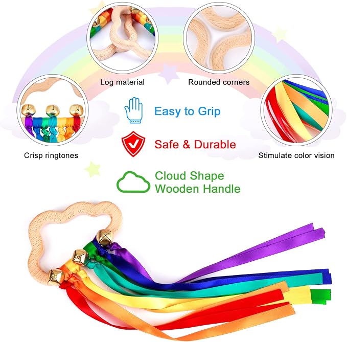 Baby Sensory Wooden Rattle Toys with Rainbow Ribbon - 2PCS | Montessori Wood Rattles Ring Bells Toy with Pull String for Baby 0-12 Months as Newborn Infant Toddler Boy Girl Shower Gifts