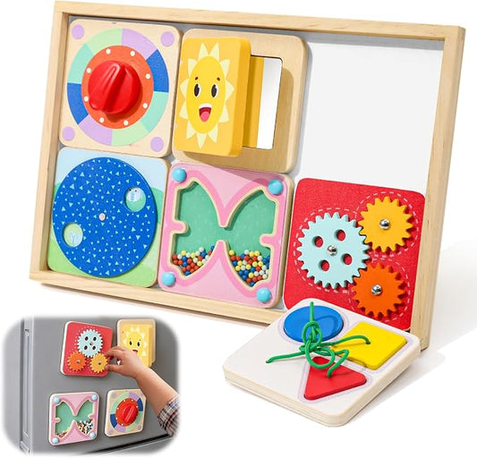 Ancaixin 6-in-1 Montessori Busy Board for 1 Year Old, Magnetic Sensory Toys | Wooden Activity Busy Board for 12+ Months Baby, Fine Motor Skills Toys for Boys & Girls, Birthday Gifts 1 2 3
