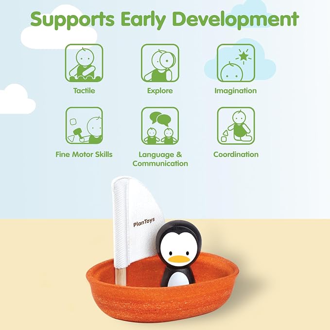 PlanToys® Wooden Penguin Sailing Boat Bath Toy for Toddlers, Montessori | wooden penguin sailing boat, montessori floating bath toy, water play, bathtub pool water table, kids toddlers imaginative pl