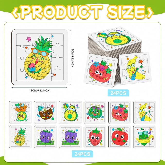 Cinrobiye 24 Pcs Fruit Coloring Puzzle Craft Kit, DIY Tropical Fruit Jigsaw Activity Set with 12 Designs, Summer Craft Party Favors for Group Events, Birthday Decorations, Art & Creative Activities