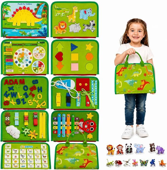 Solens Busy Book for Toddlers, Montessori Busy Board with 25+ Activities on 8 Pages and 3D Assorted Puzzles, Felt Activity Book with Numbers, Colors, Daily Life and Fine Motor Learning, Pink (Green)