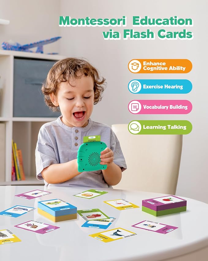 Airbition Talking Flash Cards for Toddlers 1 2 3 4 Year Olds, Green | Montessori Language Learning Toys with 224 Words, Pocket Speech Therapy Playthings, Children's Sensory Educational Toys