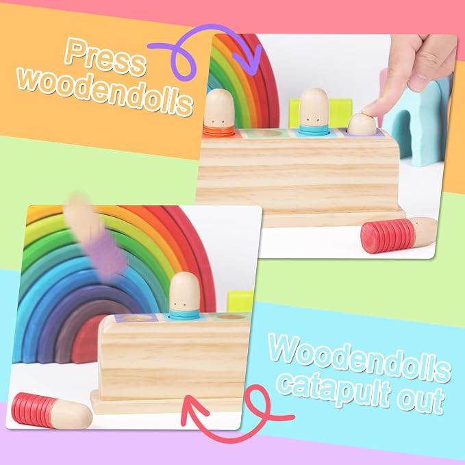 Wooden Pop Up Puppets|Wooden Cause and Effect Toys for Boys & Girls, Montessori Color Matching Toys,Special Festival Gift for Kids 2 3 4 (Rainbow)