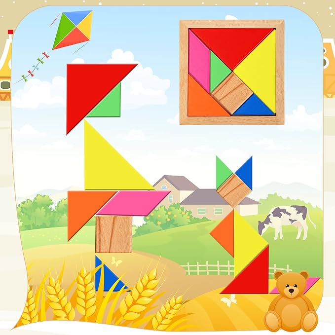 Jerify 5 Pack Wooden Tangram Puzzle for Kids, Brain Teaser Puzzles | Wooden Hexagon Puzzle Block Teaser, Pattern Blocks, Tangram Puzzle, Geometric Shapes Tangram Games, Boys Girls Toddler 1-3